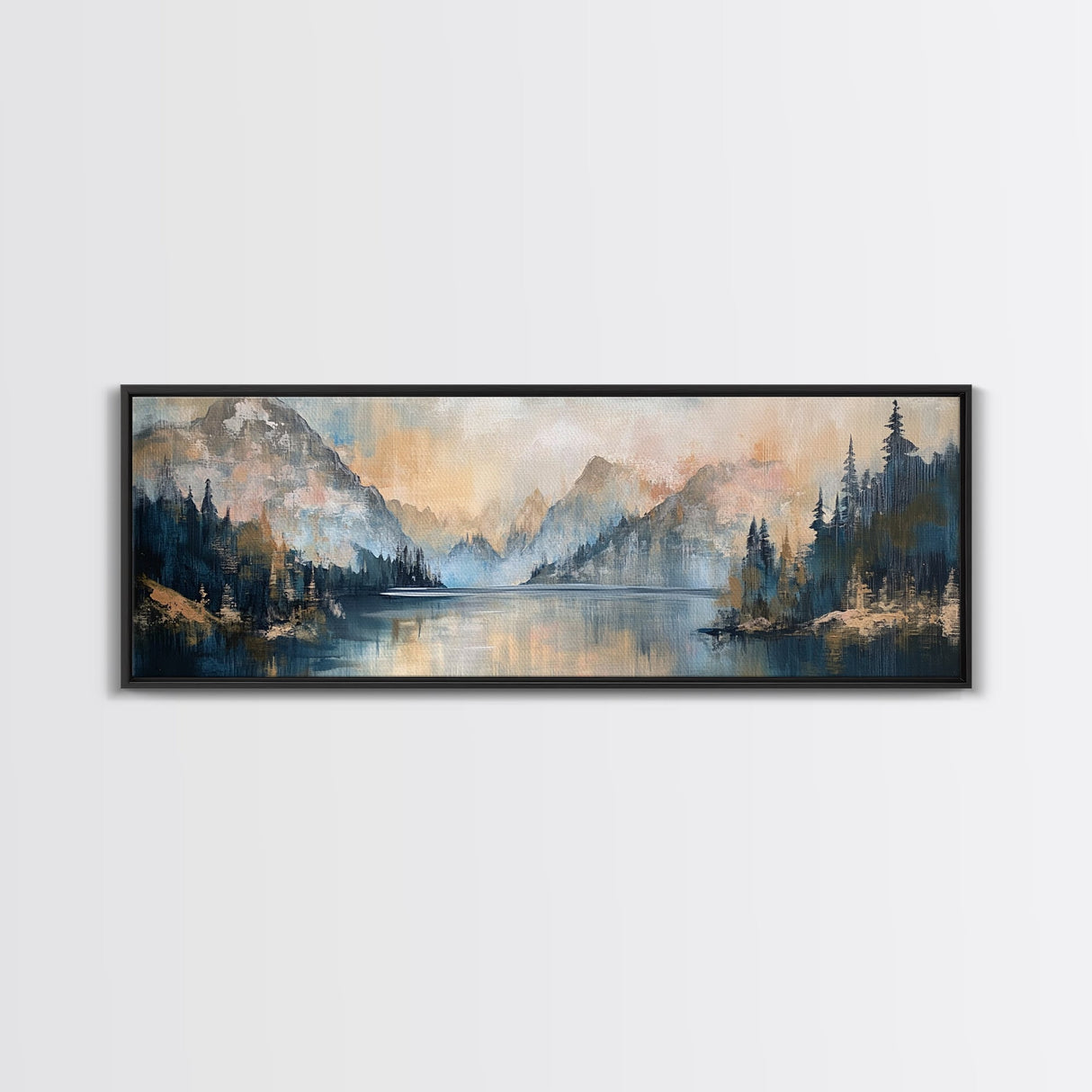 Mountain Lake Reflection Framed Canvas Print - Tranquil Nature Painting, Neutral Home Decor, Minimalist Landscape Wall Art