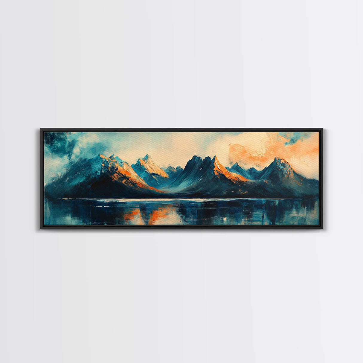 Majestic Mountains Framed Canvas Print Scenic Landscape Art, Blue and Gold Mountain Painting, Nature Wall Decor, Bedroom Wall Art