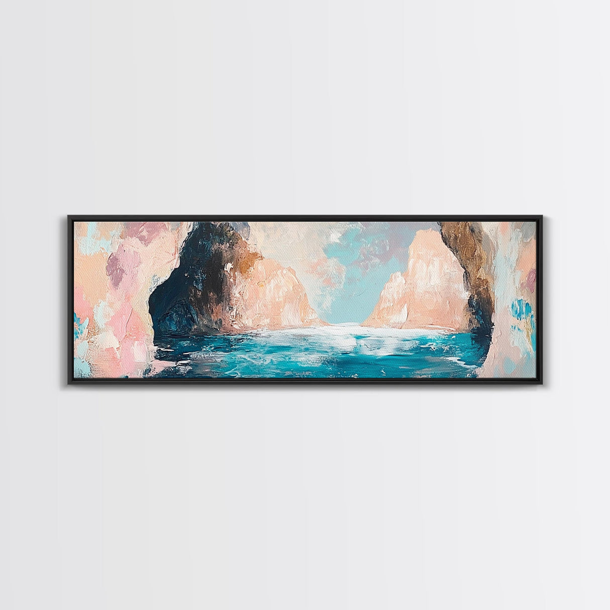 Serene Ocean Cliffs Framed Canvas Print Soft Pastel Coastal Art, Minimalist Seascape Painting, Tranquil Beach Decor, Modern Home Art