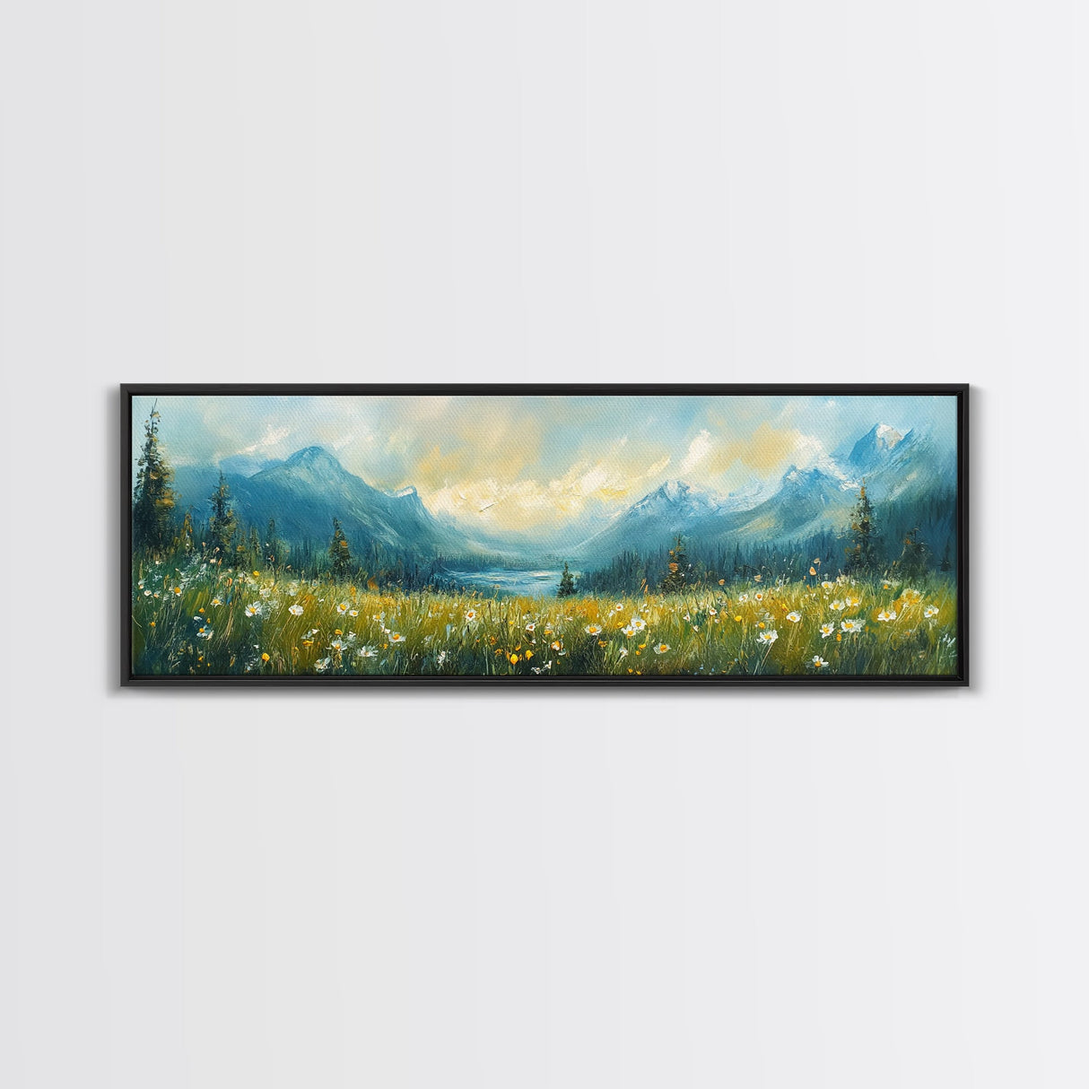 Mountain Lake Meadow Painting, Serene Nature Landscape, Cozy Cabin Art, Blue and Green Rustic Bedroom Wall Decor, Framed Canvas Print