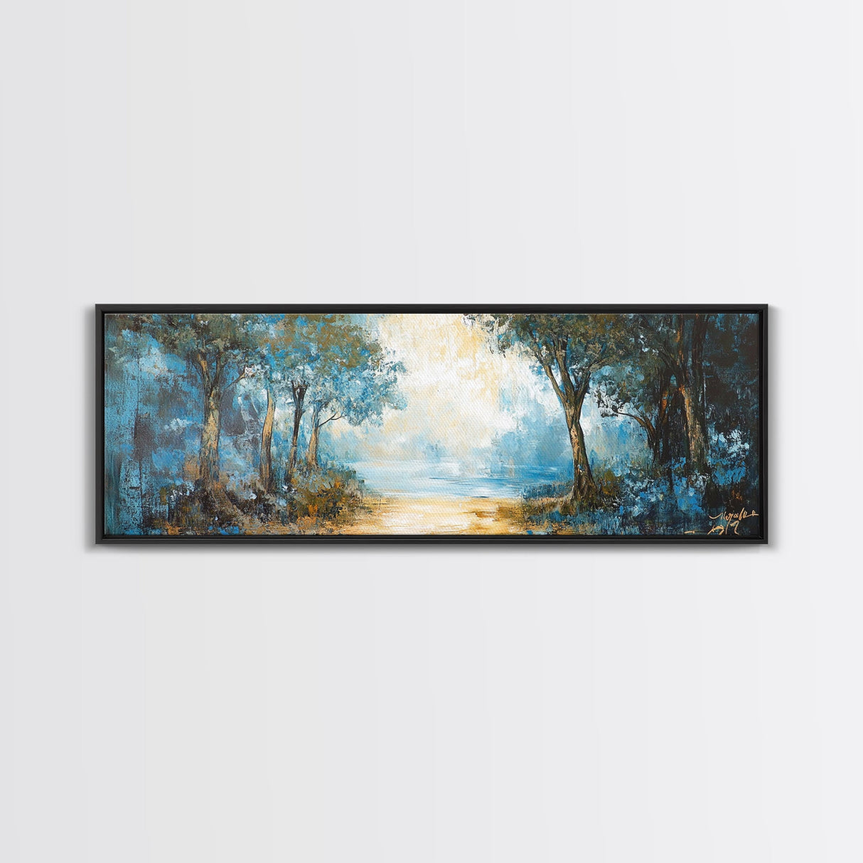 Blue Forest Path Framed Canvas Print Landscape Painting, Nature Inspired Wall Art, Rustic Home Decor, Modern Artwork