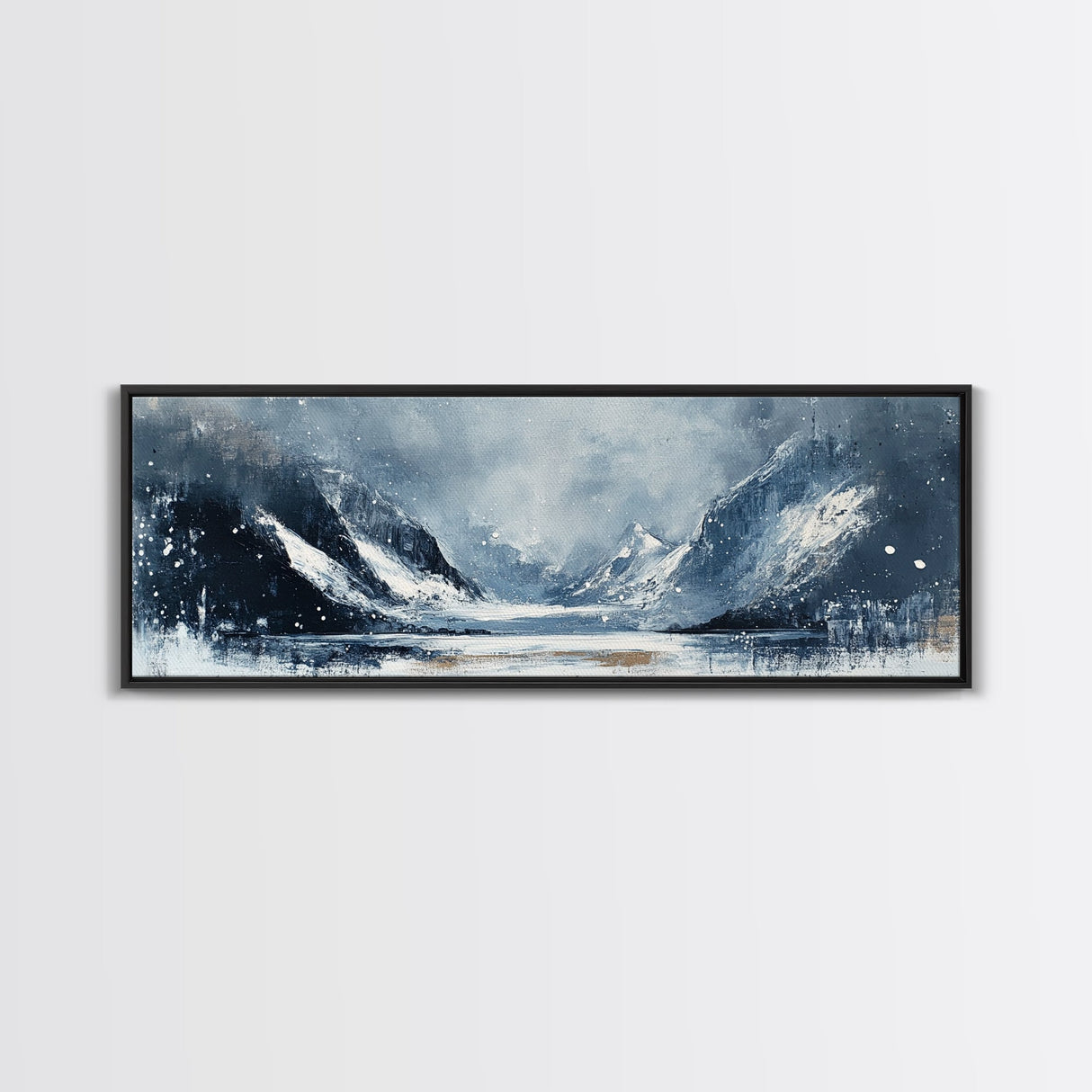 Moody Winter Mountains Framed Canvas Print Dark Landscape Painting Snowy Peaks Rustic Cabin Wall Art Lodge Decor Adventure Gift