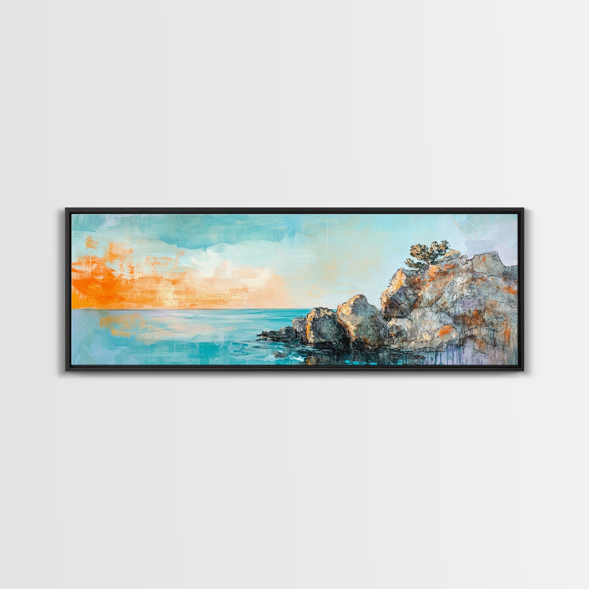 Seaside Cliff, Tranquil Beach Painting, Ocean View Wall Art, Home Decor, Framed Canvas Print, Minimalist Style, Bedroom Artwork