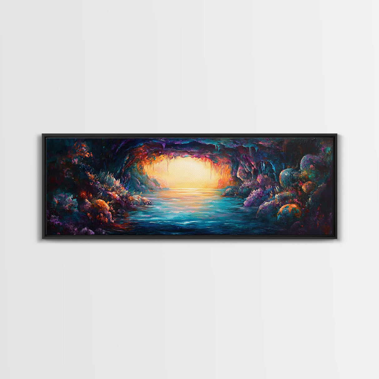 Hidden Cove, Cave Water Reflection, Mystical Wall Art, Framed Canvas Print, Fantasy Landscape, Dreamy Nature Scene, Moody Art, Deep Colors