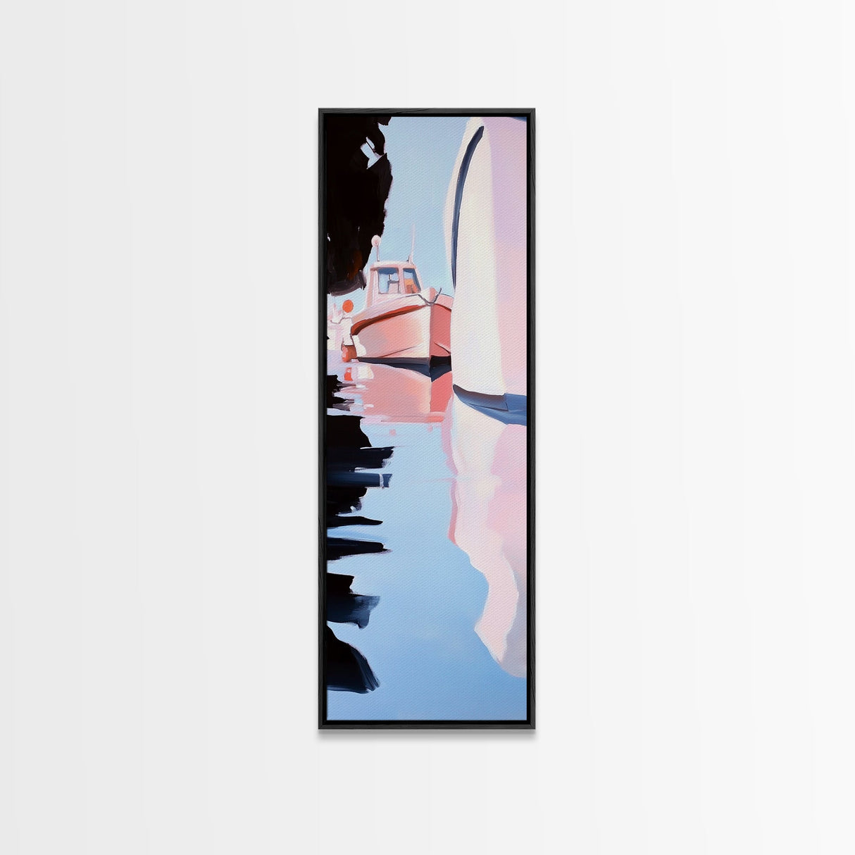 Harbor Reflections, Nautical Wall Art, Coastal Painting, Blue and Pink Decor, Ocean Home, Minimalist Seascape, Framed Canvas Print