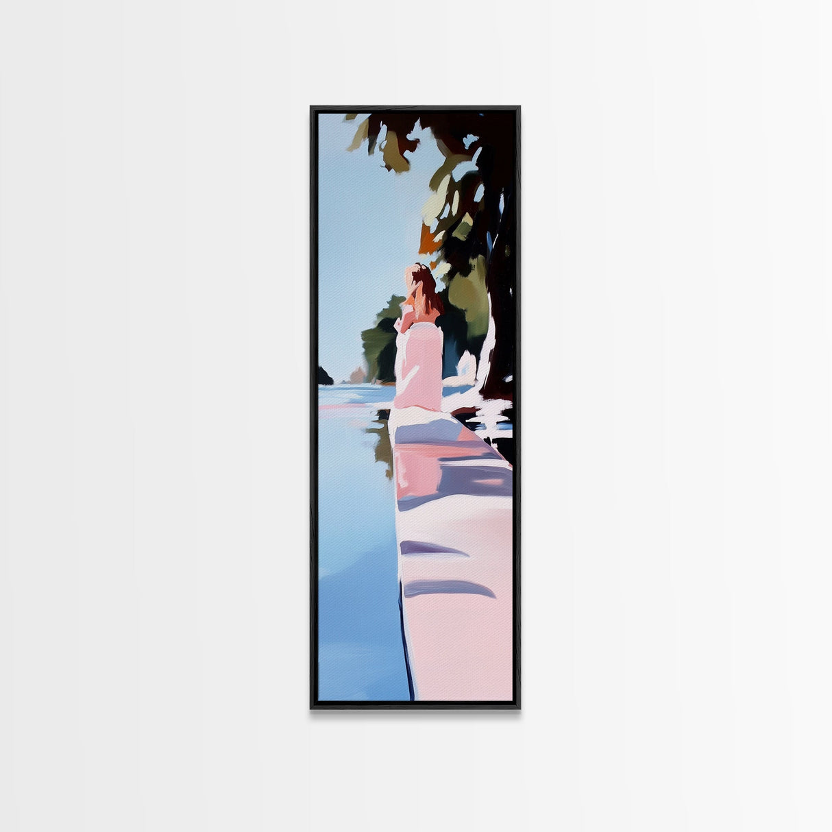 Woman by Water, Tranquil Scene, Framed Canvas Print, Serene Nature Art, Soft Pastel Aesthetic, Modern Minimalist, Dreamy Wall Decor