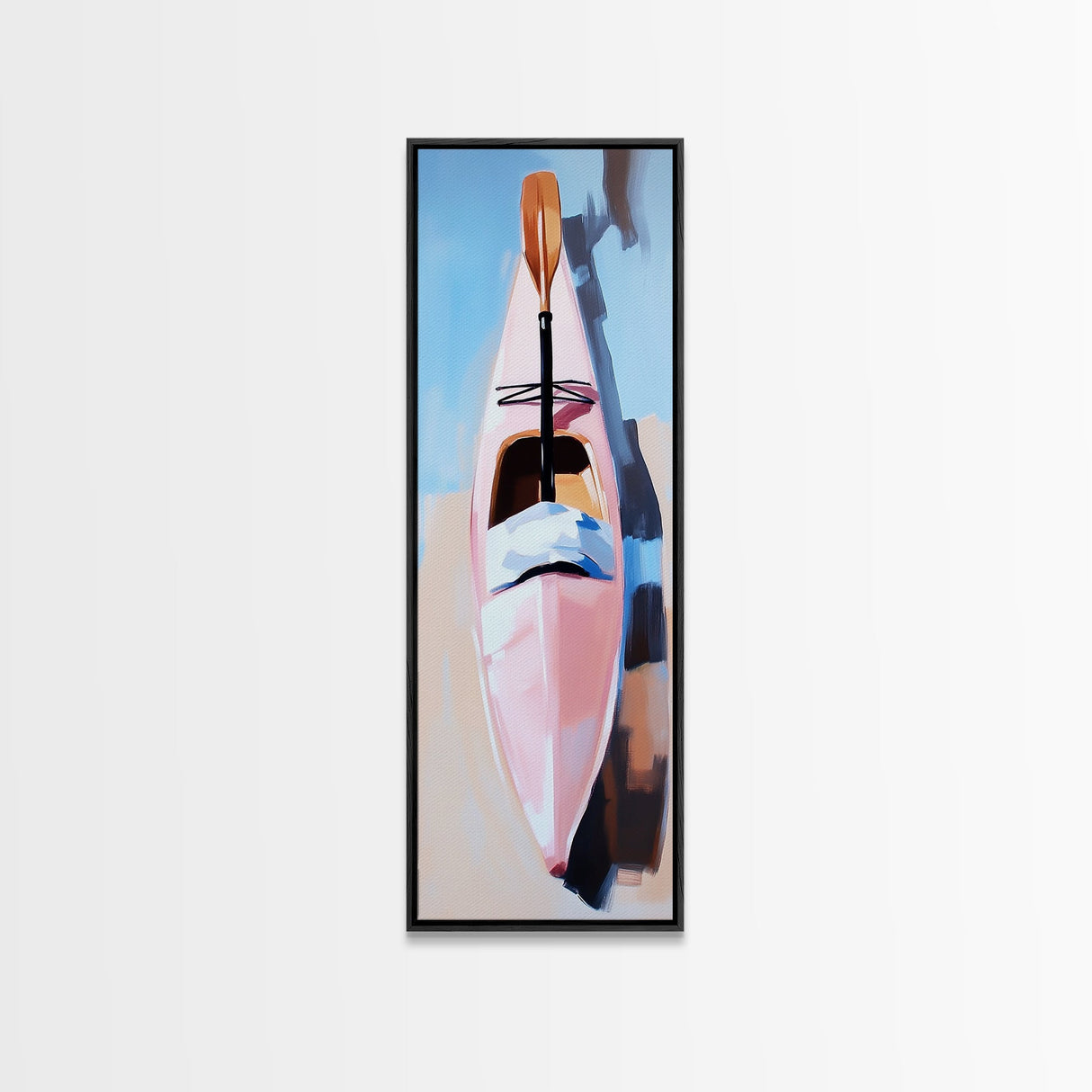 Kayak on Sand, adventure art, beach lover’s decor, soft pastel painting, nature wall art, modern boho aesthetic, framed canvas print
