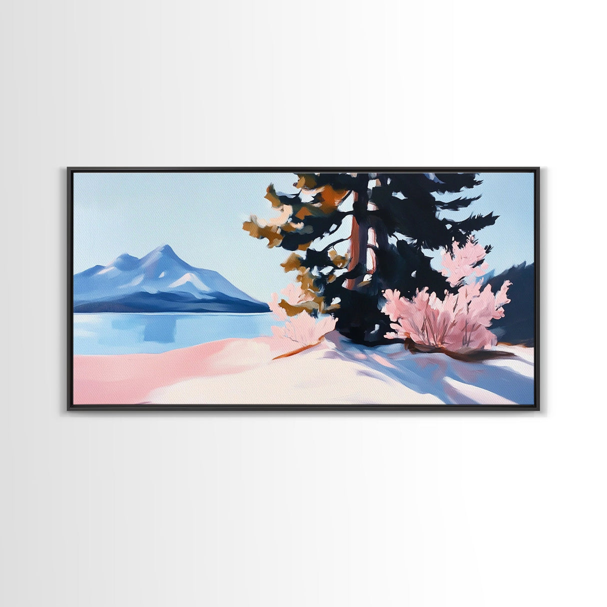 Mountain Landscape, Tranquil Lake Scene, Serene Nature Painting, Minimalist Home Decor, Rustic Wilderness Art, Framed Canvas Print