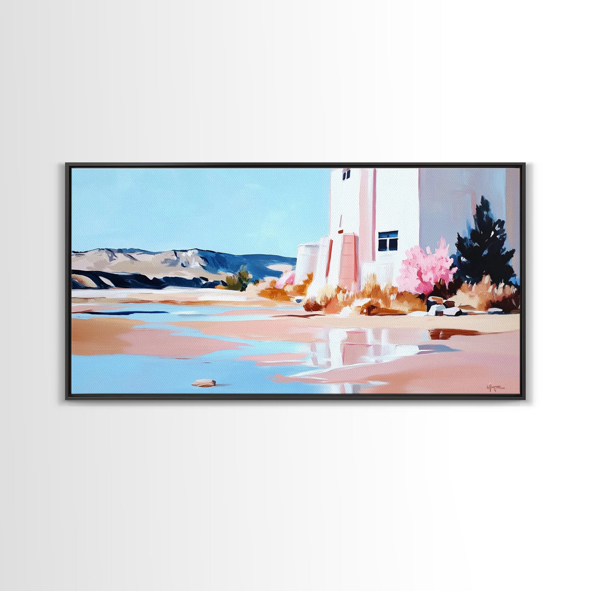 Desert Landscape, White House, Pink Trees, Canvas Print, Modern Southwest Art, Living Room Wall Art, Warm Earthy Tones, Minimalist Nature