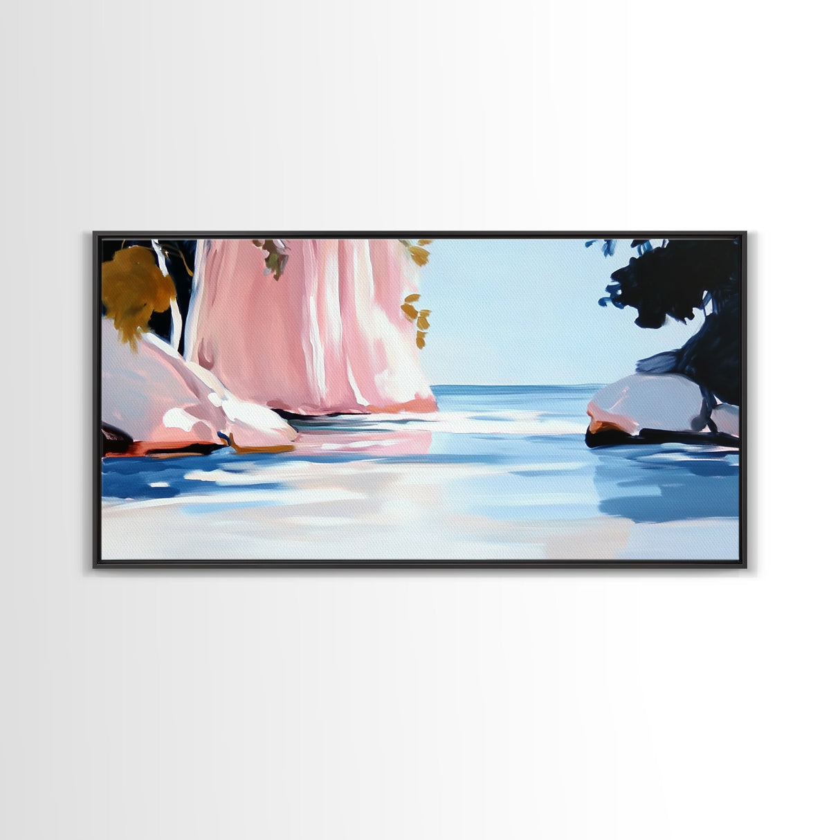 Pink Waterfall, Abstract Landscape, Minimalist Art, Coastal Wall Decor, Living Room Art, Framed Canvas Print, Nature-Inspired Home Art