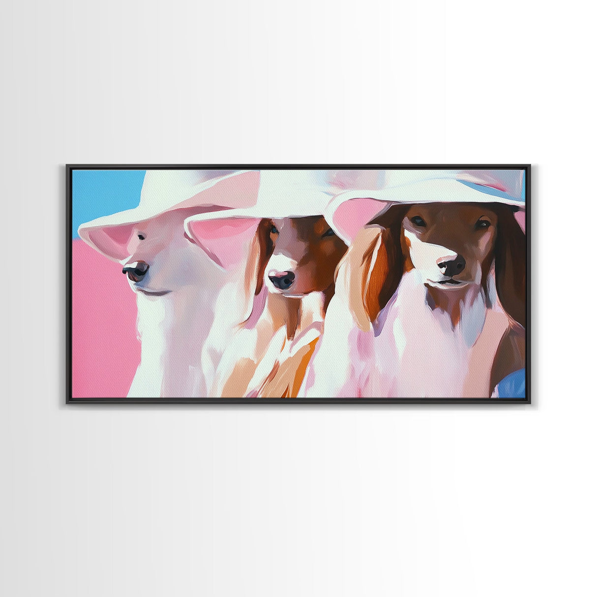Stylish Dogs, Trendy Animal Art, Pink Aesthetic Print, Modern Pet Portrait, Whimsical Wall Art, Playful Decor, Framed Canvas Print