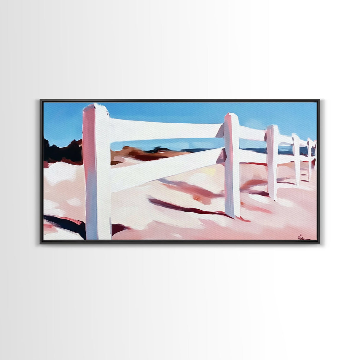 White Fence, Coastal Landscape, Pastel Beach Art, Framed Canvas Print, Minimalist Wall Decor, Ocean View Painting, Summer Art