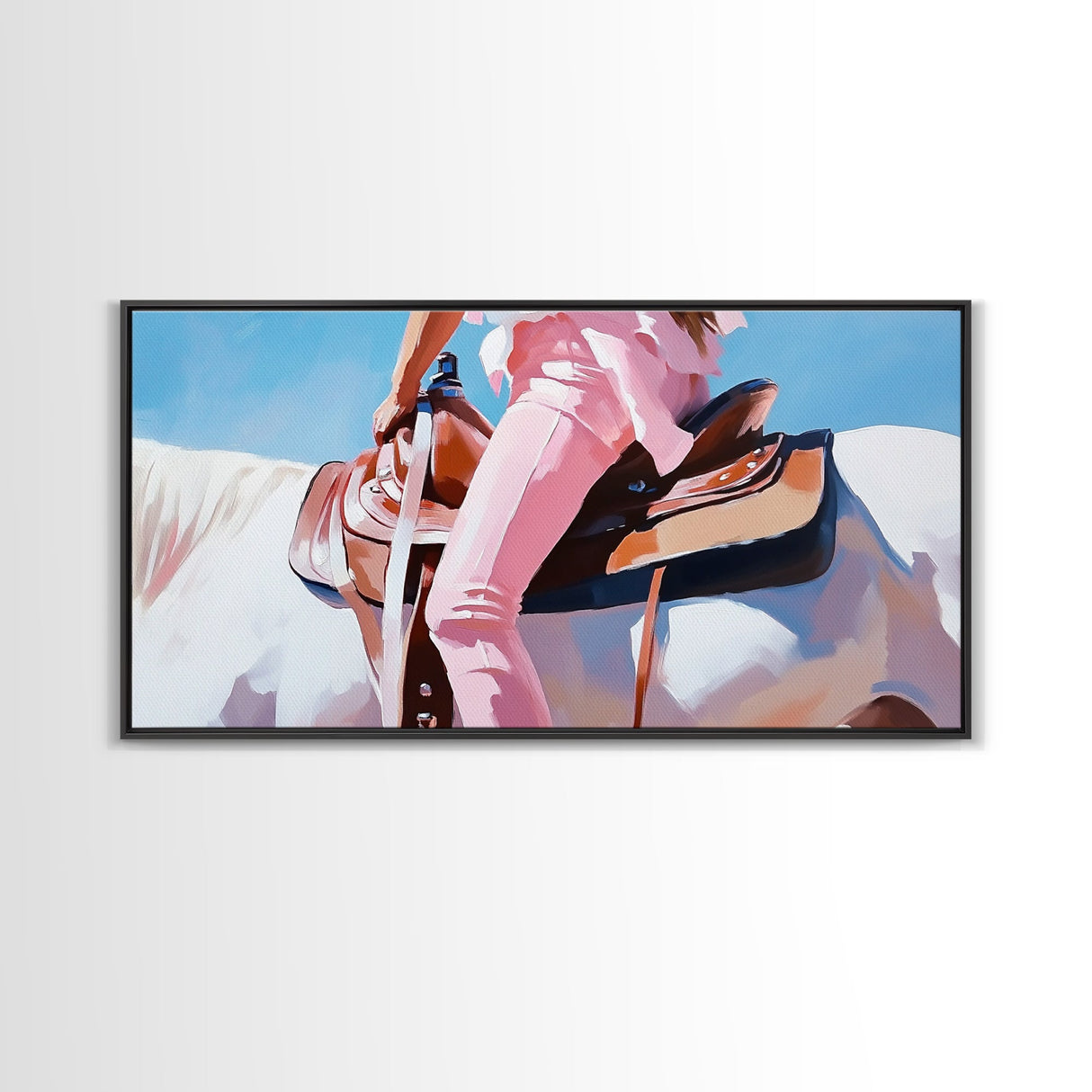 Western Rider, Cowgirl Art, Equestrian Wall Decor, Rustic Country Aesthetic, Pink and White Painting, Ranch Home Decor, Framed Canvas Print
