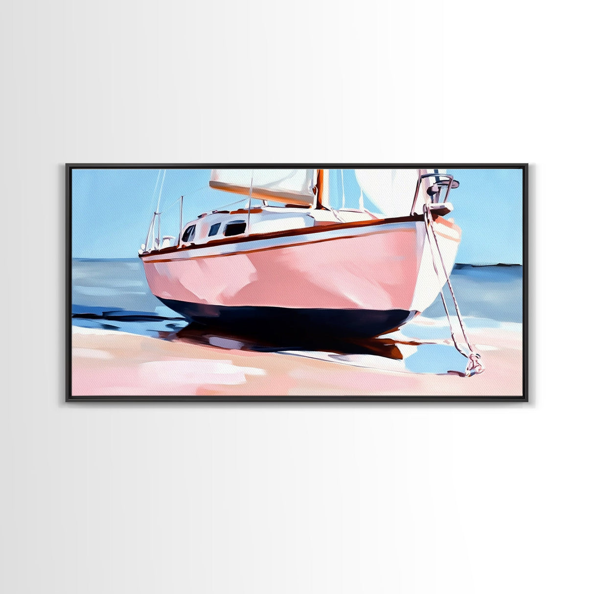 Sailboat Painting, Nautical Wall Art, Coastal Living Decor, Soft Pastel Blue and Pink, Ocean Scene, Beach House Aesthetic, Framed Canvas Print