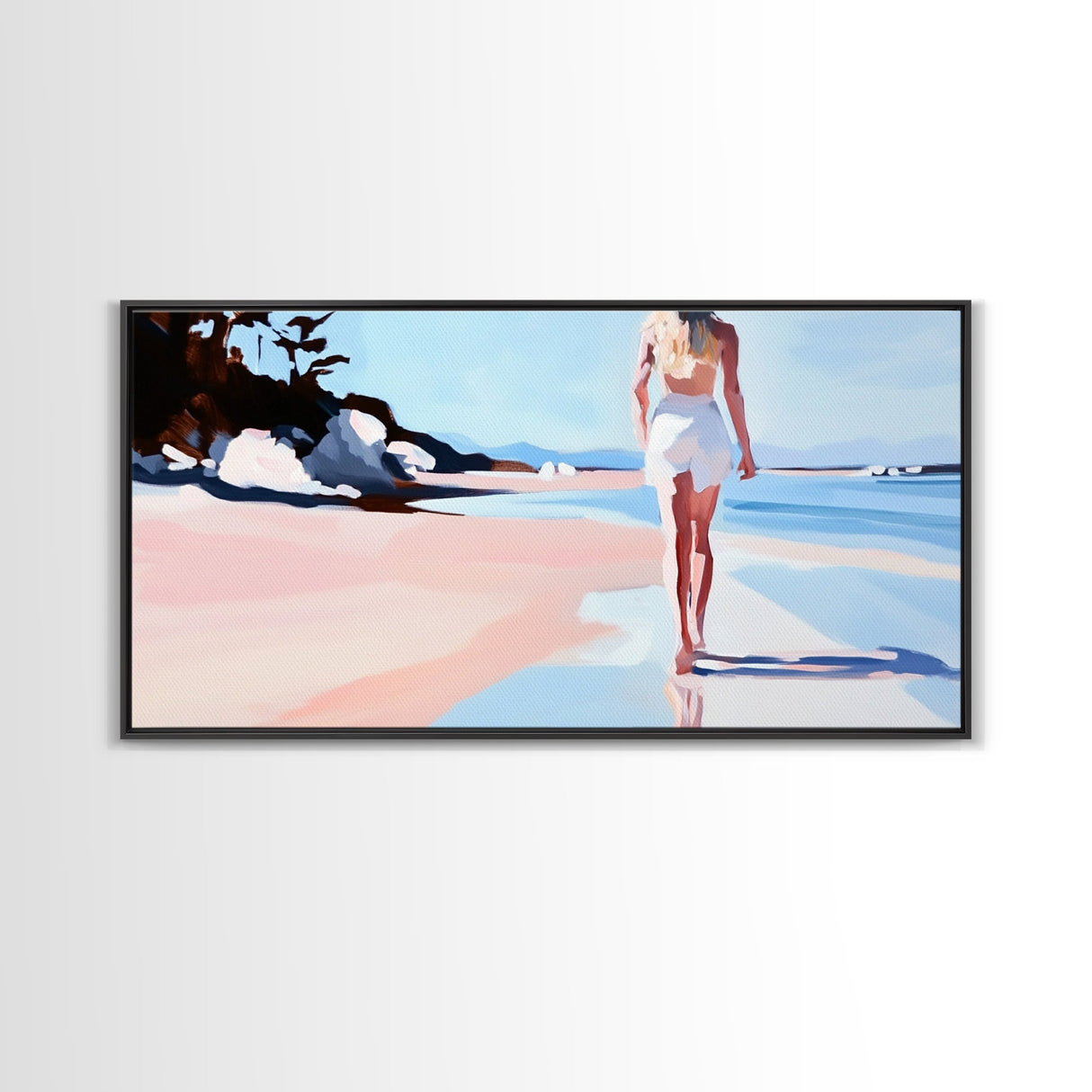 Walking Beach, Ocean View, Coastal Serenity, Tranquil Scene, Framed Canvas Print, Minimalist Decor, Boho Art, Bedroom Wall Art