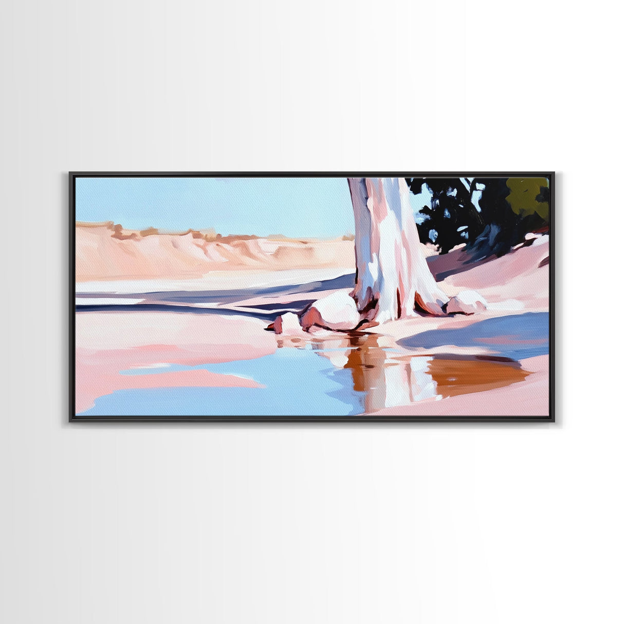 Desert Oasis, Lone Tree, Tranquil Reflection, Canvas Print, Southwestern Art, Earthy Color Palette, Minimalist Nature, Living Room Wall Art