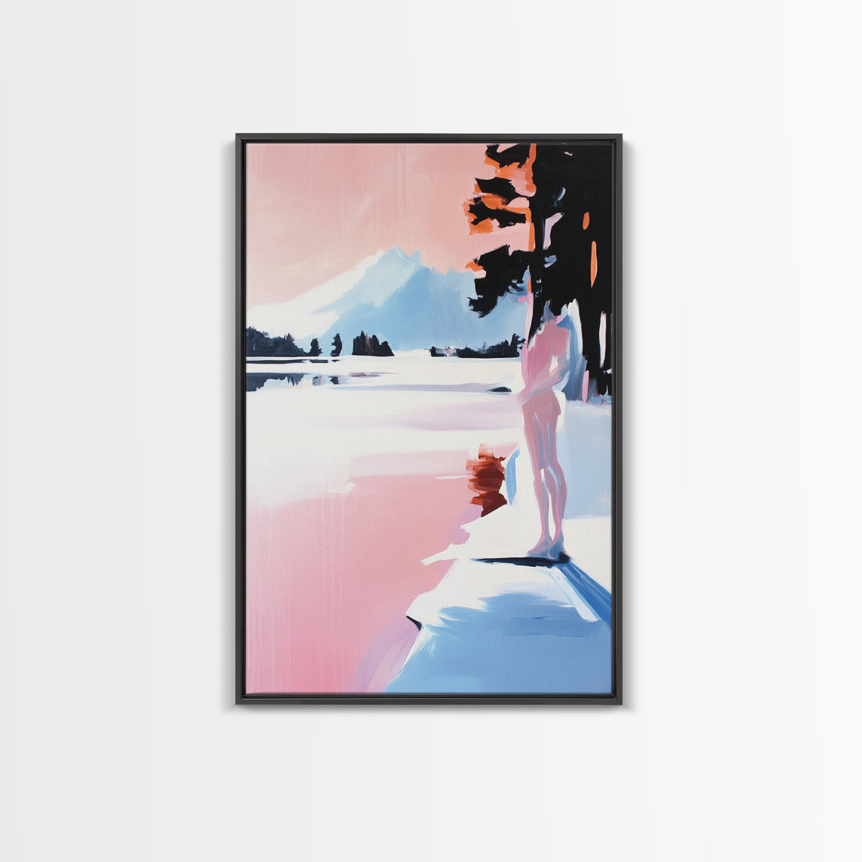 Sunset Lake, Mountain Reflection, Dreamy Landscape, Pastel Art, Framed Canvas Print, Living Room Wall Art, Romantic Nature Scene