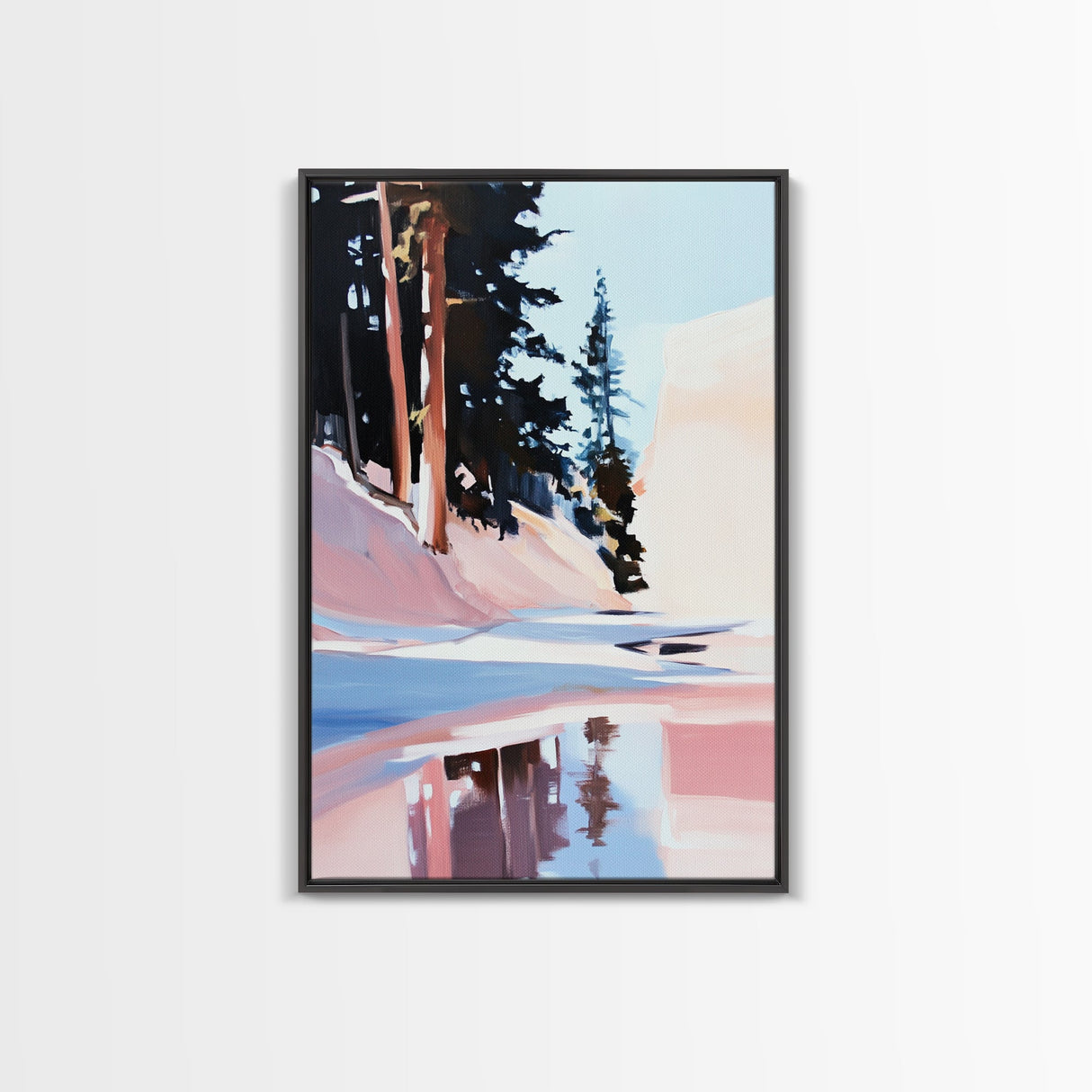 Snowy Pines, Winter Wonderland, Forest Reflection, Canvas Print, Cozy Cabin Decor, Christmas Wall Art, Minimalist Landscape Painting