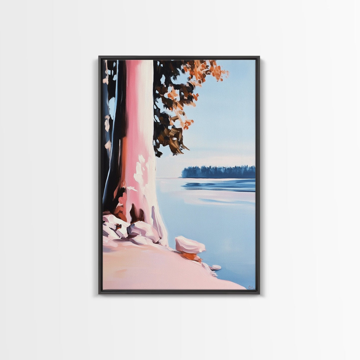 Lake View, Coastal Wall Art, Pastel Landscape, Minimalist Print, Framed Canvas Print, Beach House Decor, Bedroom Aesthetic