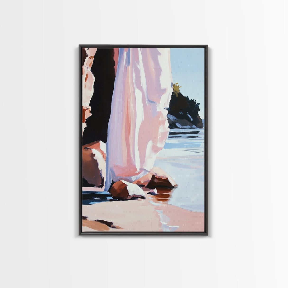 Seaside Cliffs, Coastal Abstract, Modern Beach Art, Ocean Painting, Minimalist Seascape, Blue and Pink Decor, Framed Canvas Print