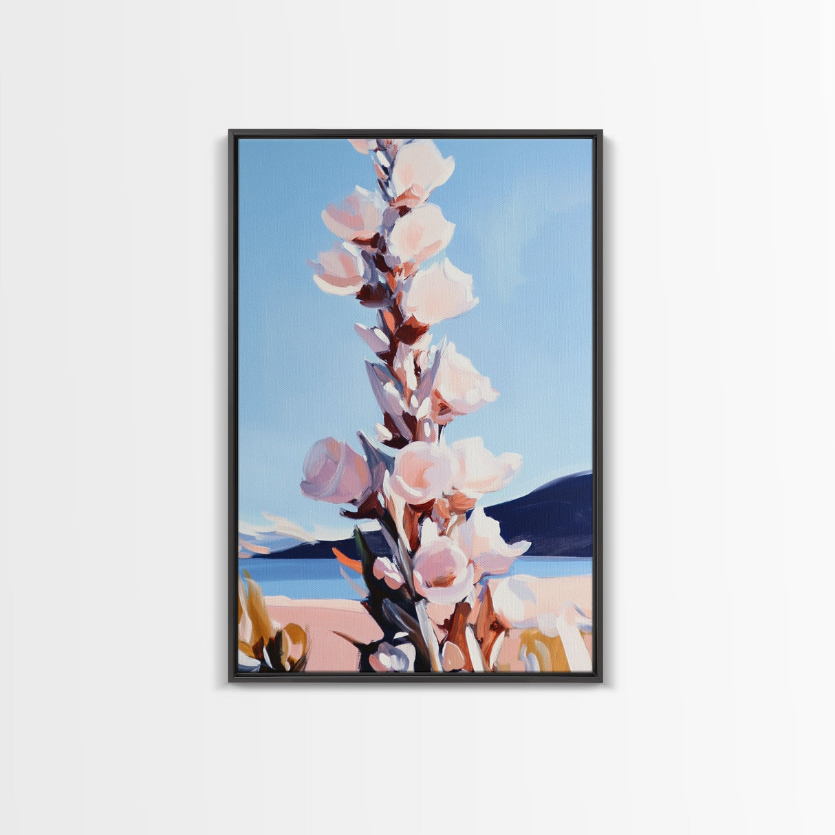 Wildflower Bloom, Pastel Floral Art, Nature Inspired, Tranquil Landscape, Soft Blue and Pink Hues, Framed Canvas Print, Entryway