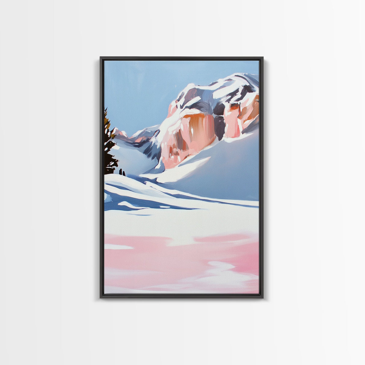 Snowy Mountains, Pink Winter Landscape, Minimalist Christmas Art, Modern Nature Painting, Cozy Lodge Wall Art, Canvas Print