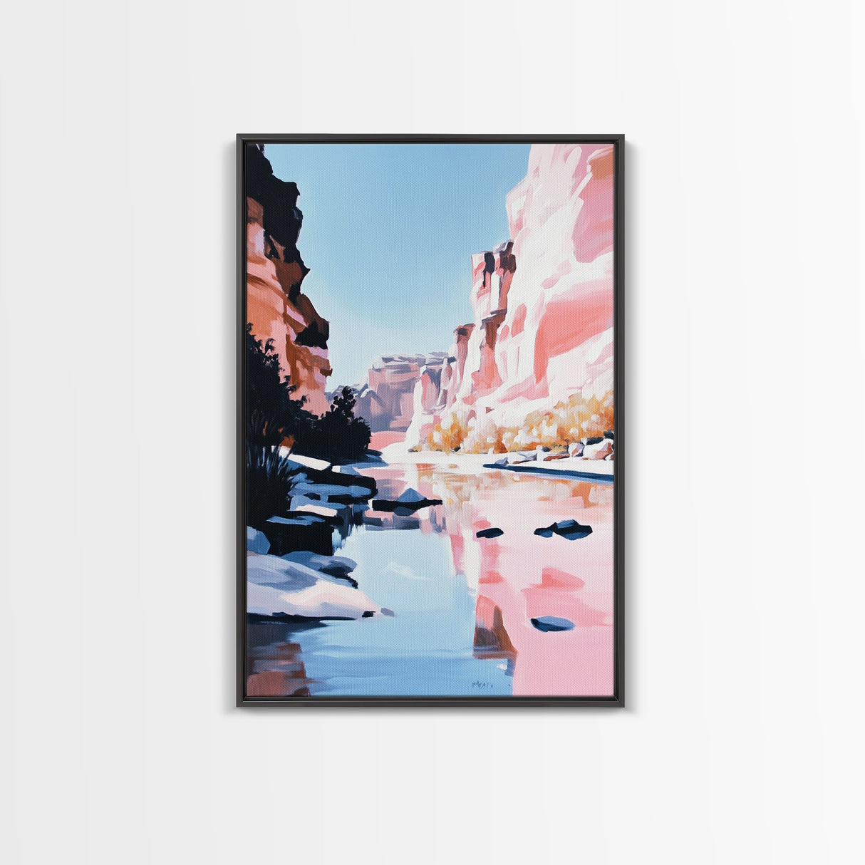Canyon River, Reflection, Rocks, Framed Canvas Print, Nature Wall Art, Western Decor, Living Room Art, Minimalist Landscape, Boho Art