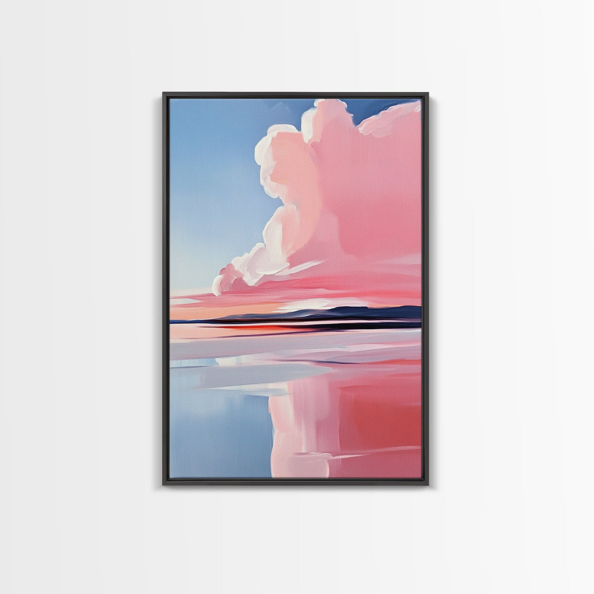 Lakeside Reflection, Calm Water Art, Serene Landscape, Pink and Blue Painting, Boho Minimalist Decor, Framed Canvas Print, Gift Idea