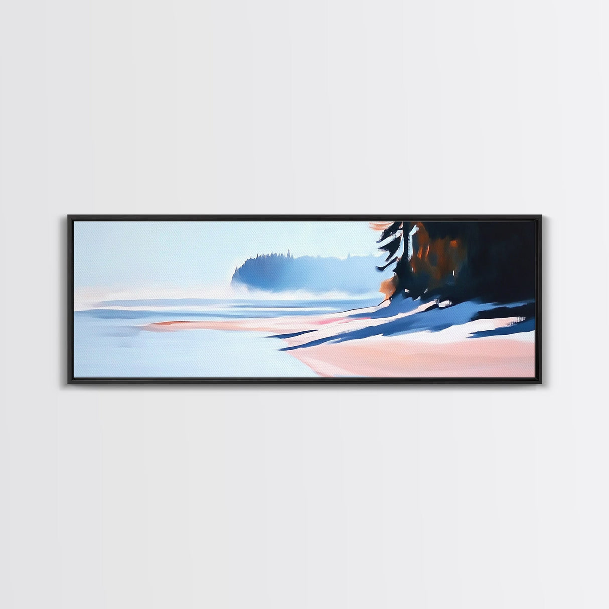 Misty Shoreline, Coastal Landscape Art, Minimalist Seascape, Ocean View, Framed Canvas Print, Modern Home Decor, Living Room Art