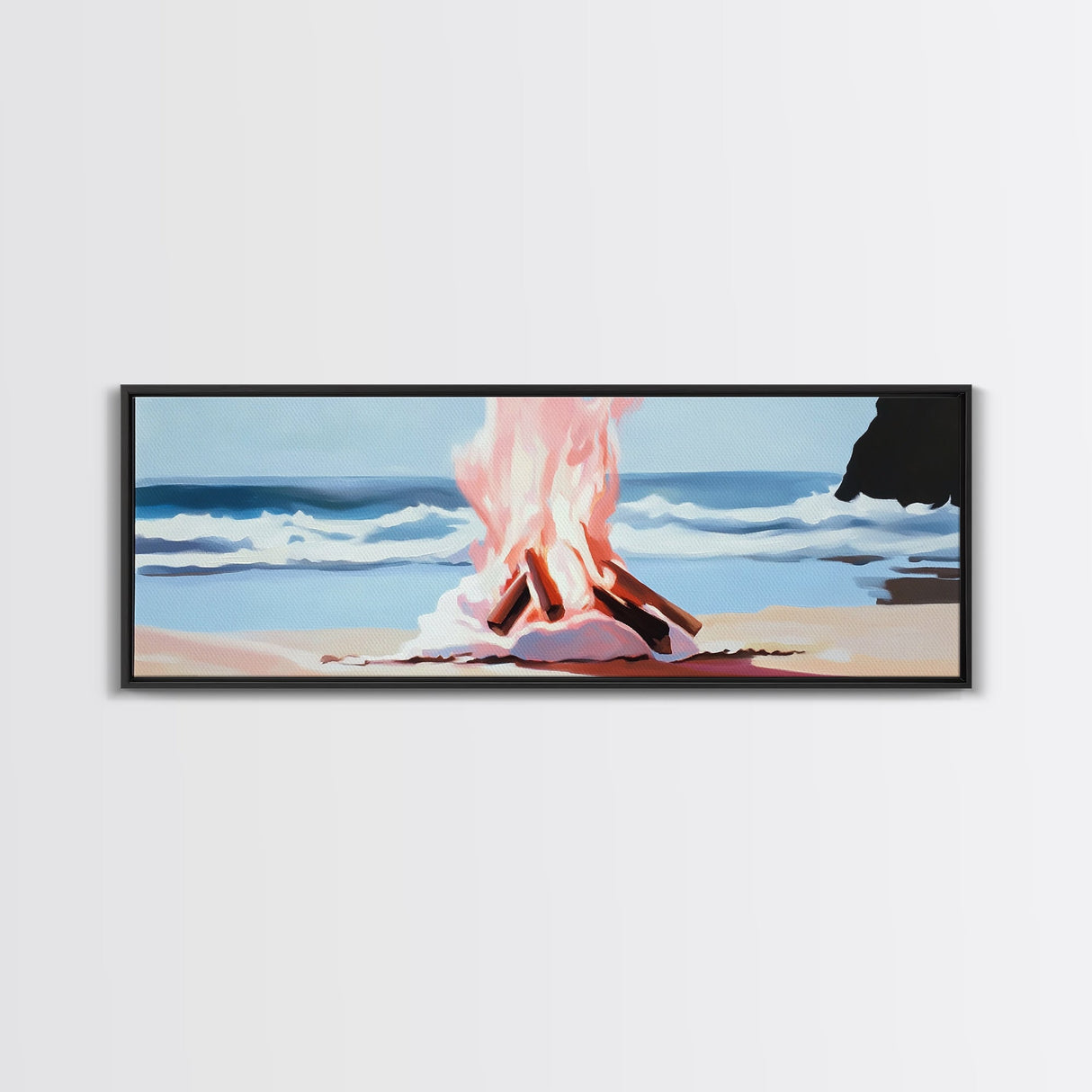 Beach Bonfire, Ocean Fire, Coastal Campfire, Framed Canvas Print, Seaside Night Art, Relaxing Summer Scene, Nautical Wall Decor