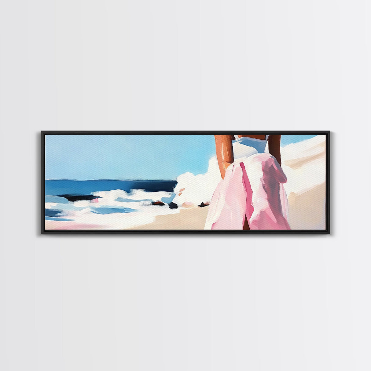 Ocean Waves, Pink Skirt, Windy Shoreline, Framed Canvas Print, Coastal Wall Art, Beach Home Decor, Minimalist Aesthetic, Ocean Scene