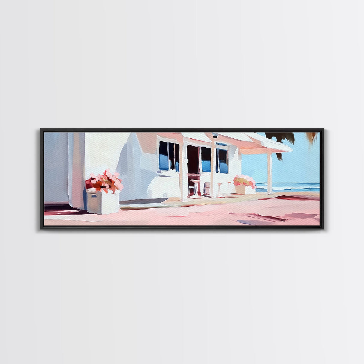 Coastal Café, Beachfront House, Ocean Breeze, Minimalist Canvas Print, Living Room Wall Art, Nautical Home Decor, Modern Coastal Art