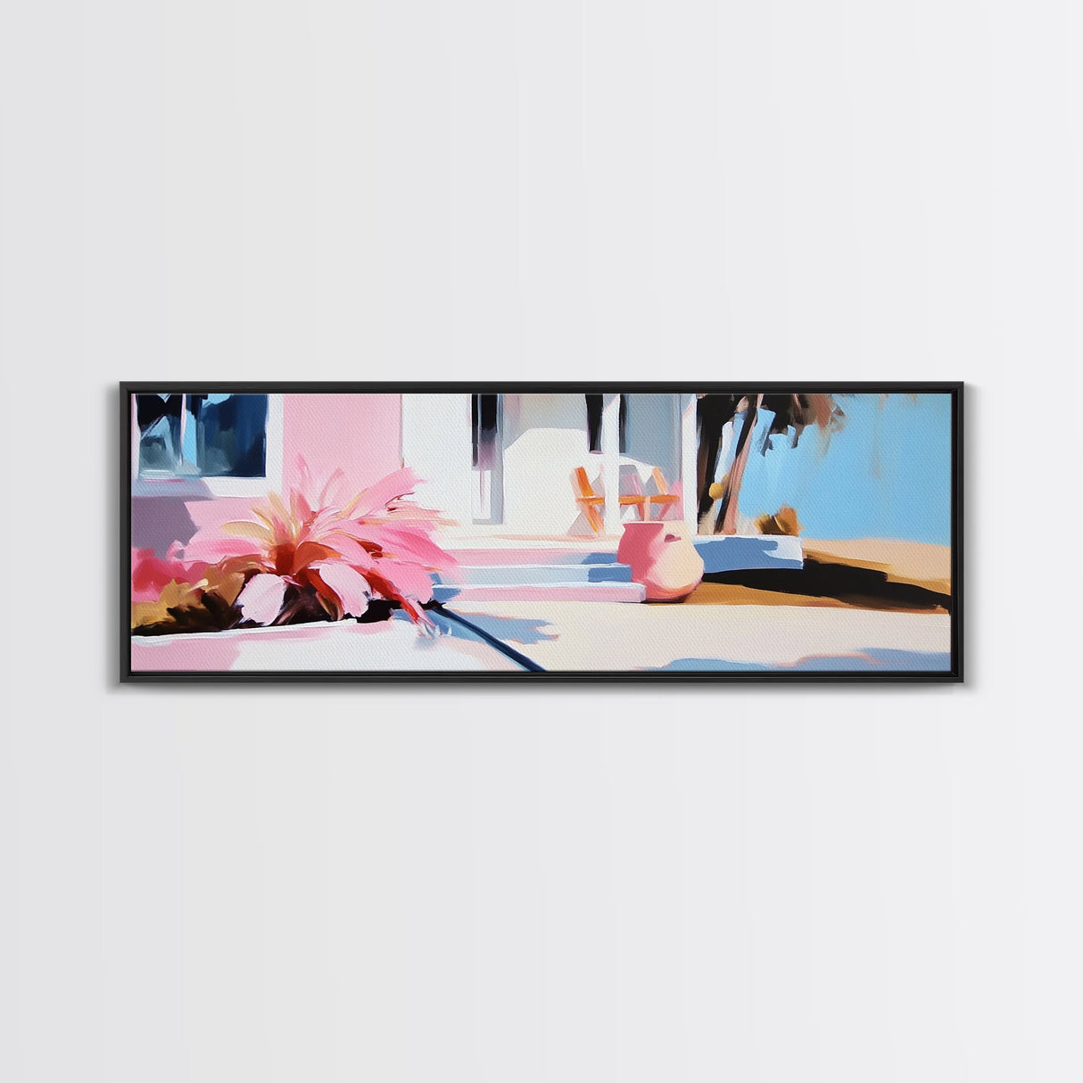 Pink House, Tropical Porch, Boho Architecture, Canvas Print, Living Room Wall Art, Sunlit Patio, Mediterranean Decor, Modern Art