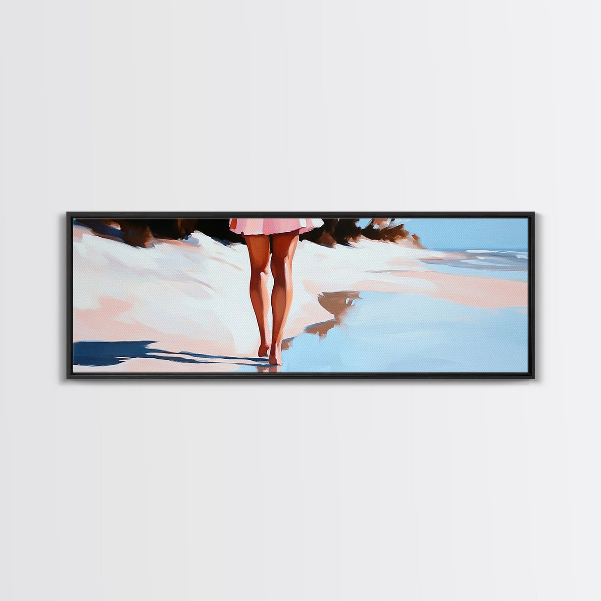 Romantic Reflection, Sand and Sea, Dreamy Pastels, Framed Canvas Print, Coastal Art, Beach House Decor, Serene Aesthetic Painting