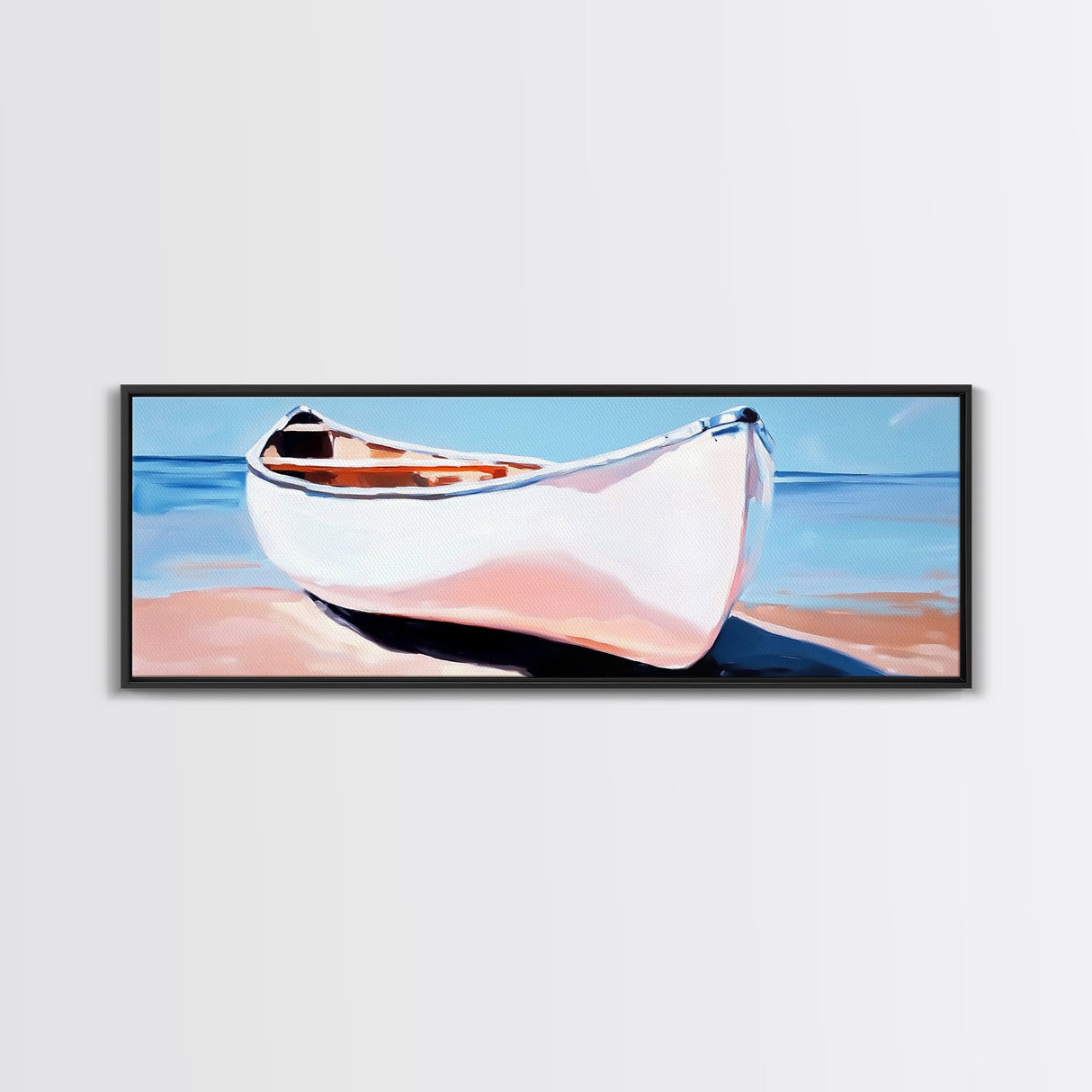 White Canoe, Coastal Wall Art, Seaside Aesthetic, Framed Canvas Print, Minimalist Boat Painting, Nautical Beach House Art, Ocean Decor