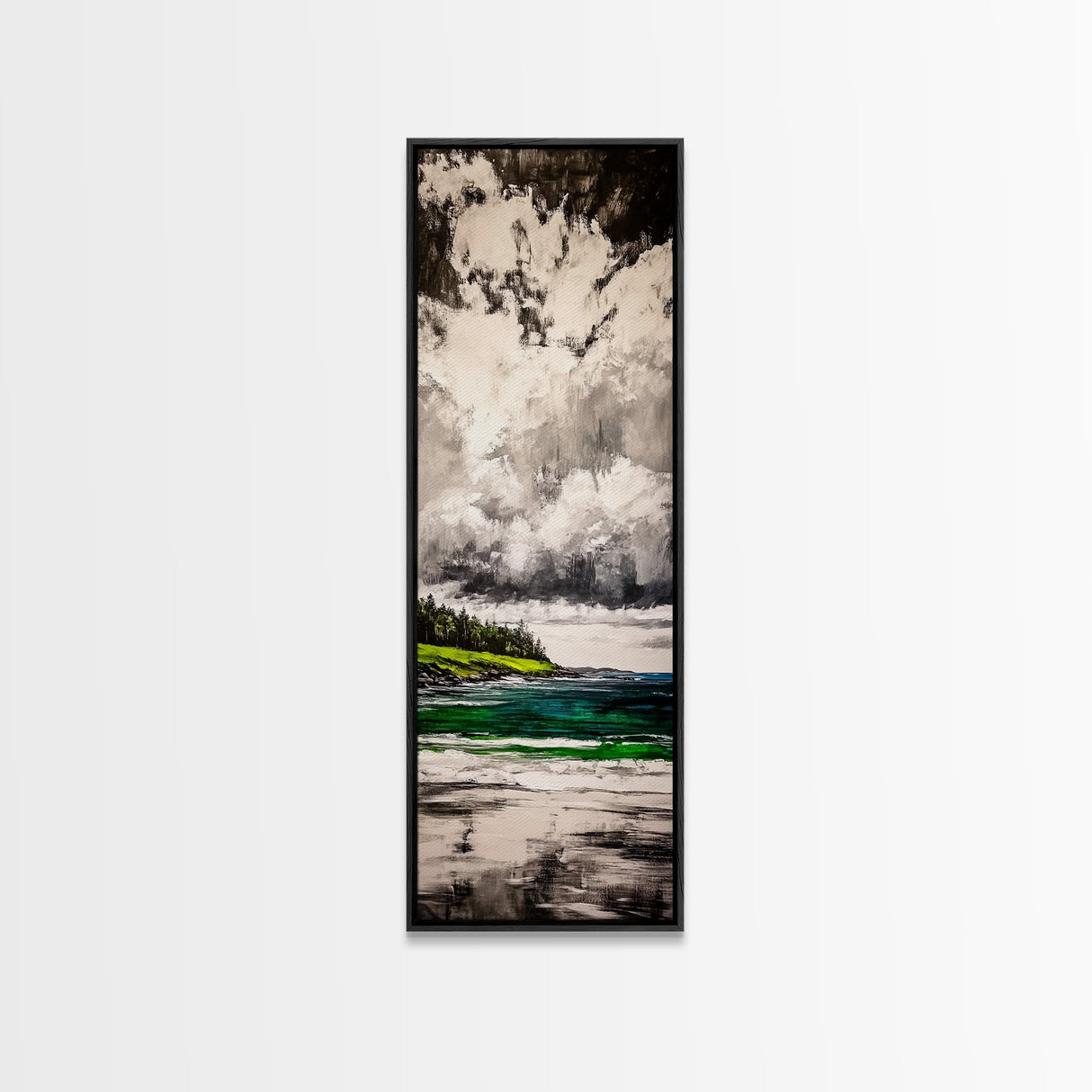 Emerald Waters, Coastal Horizon, Ocean Reflection, Vibrant Green Landscape, Modern Decor, Contemporary Beach House, Framed Canvas Print
