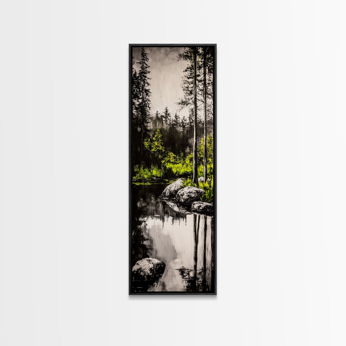 Tranquil River, Black White Nature, Reflective Water Scene, Forest Wall Decor, Rustic Landscape, Living Room Art, Framed Canvas Print