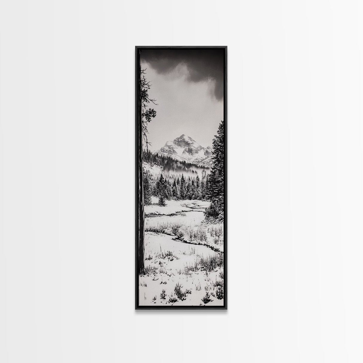 Winter Landscape, Snowy Mountains, Canvas Print, Black and White Photography, Rustic Home Decor, Cozy Cabin Wall Art, Nature Photography