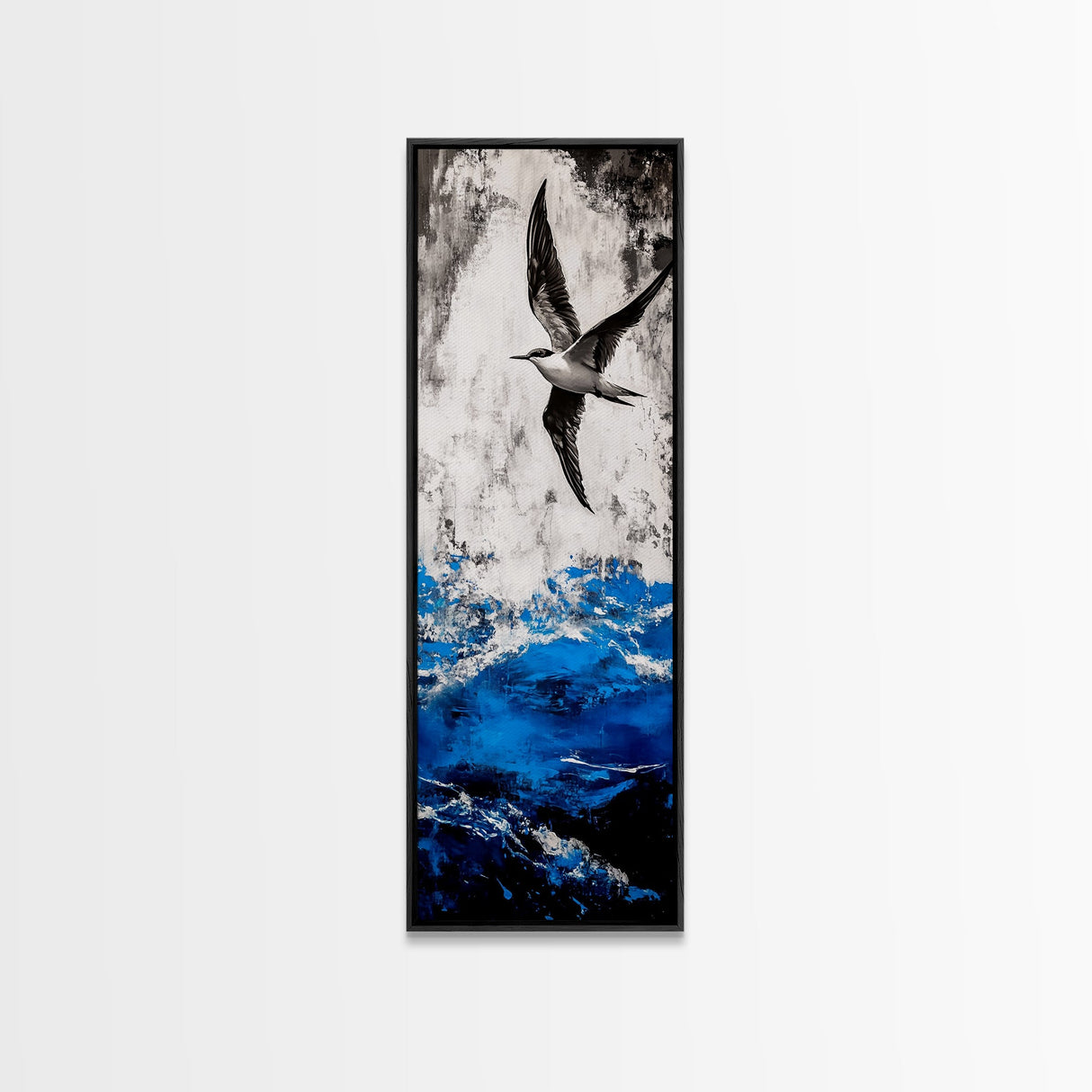 Ocean Bird, Stormy Waves, Blue and White, Framed Canvas Print, Nautical Wall Art, Minimalist Coastal Decor, Bedroom Artwork