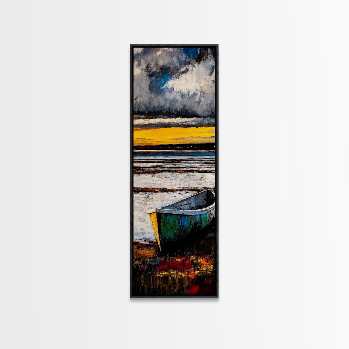 Boat on Shore, Sunset Painting, Coastal Decor, Nautical Wall Art, Framed Canvas Print, Living Room Art, Rustic Seascape, Ocean Scene
