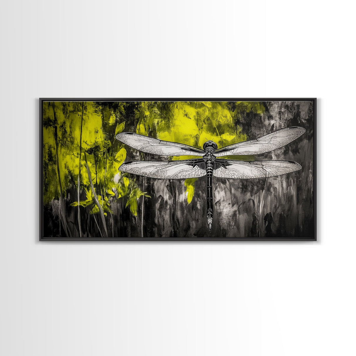 Dragonfly Art, Nature Insect, Modern Botanical, Black and White Sketch, Yellow Green Abstract, Framed Canvas Print, Bedroom Wall Decor