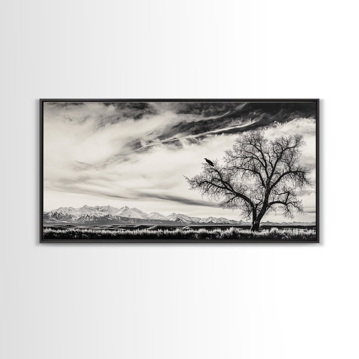 Lone Tree, Monochrome Landscape, Dramatic Sky, Framed Canvas Print, Moody Wall Art, Nature Scene, Modern Rustic Decor, Entryway Wall Art