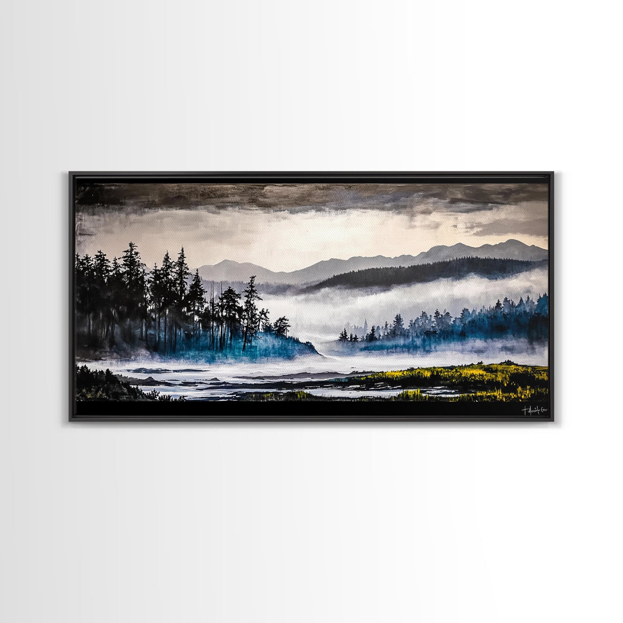 Misty Forest, Foggy Mountains, Tranquil Nature, Framed Canvas Print, Nordic Wall Art, Living Room Decor, Large Landscape, Moody Home Art