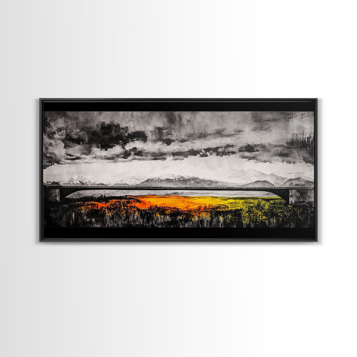 Train Bridge, Dramatic Sky, Mountains, Framed Canvas Print, Moody Landscape, Black and White Art, Rustic Decor, Office Wall Art