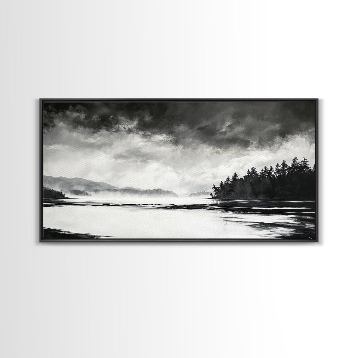 Monochrome Landscape Art, Misty Lake Canvas Print, Nature Wall Decor, Black and White Painting, Living Room Artwork, Framed Canvas Print