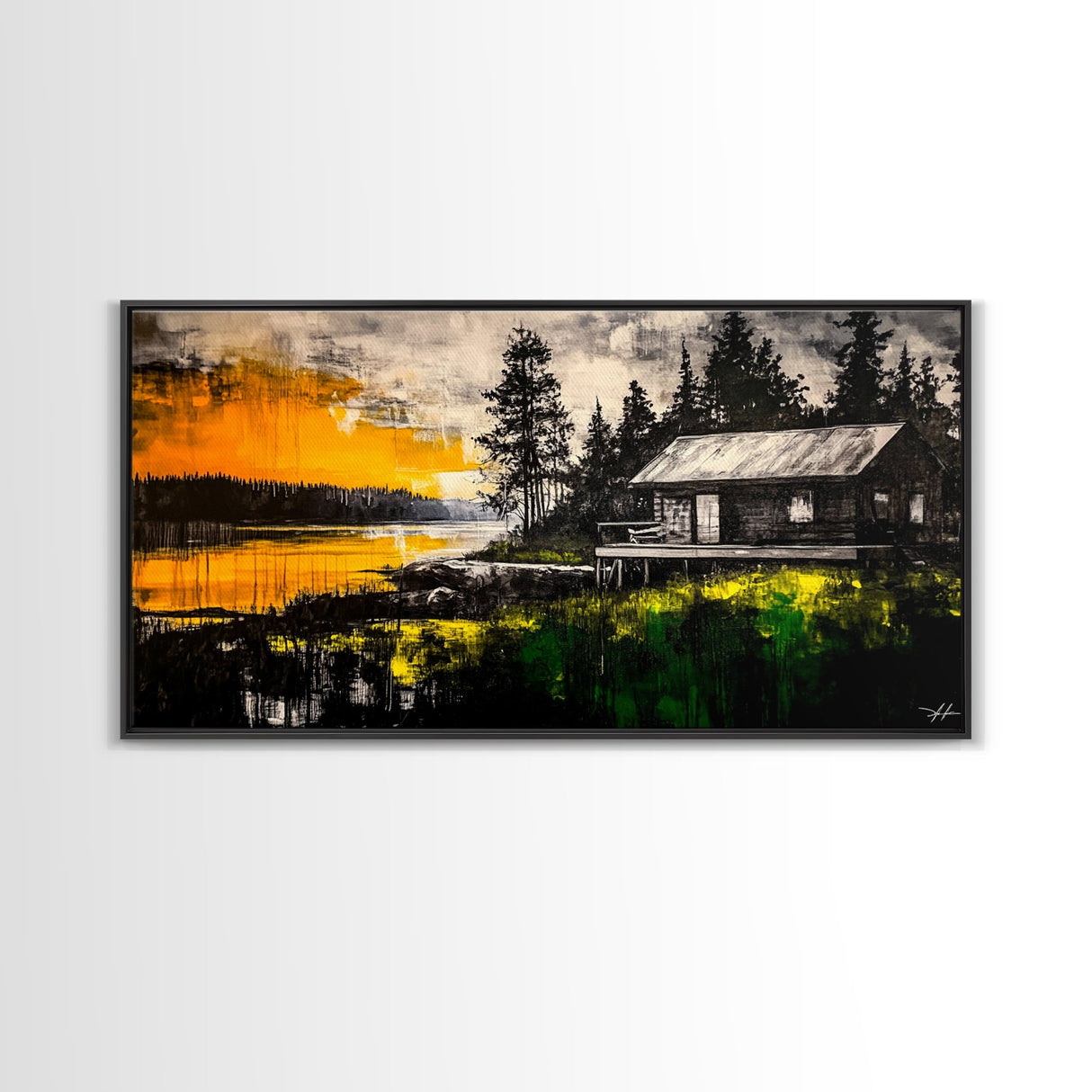 Rustic Cabin Art, Golden Sunset Canvas Print, Autumn Landscape Painting, Nature Wall Decor, Cozy Home Aesthetic, Framed Canvas Print