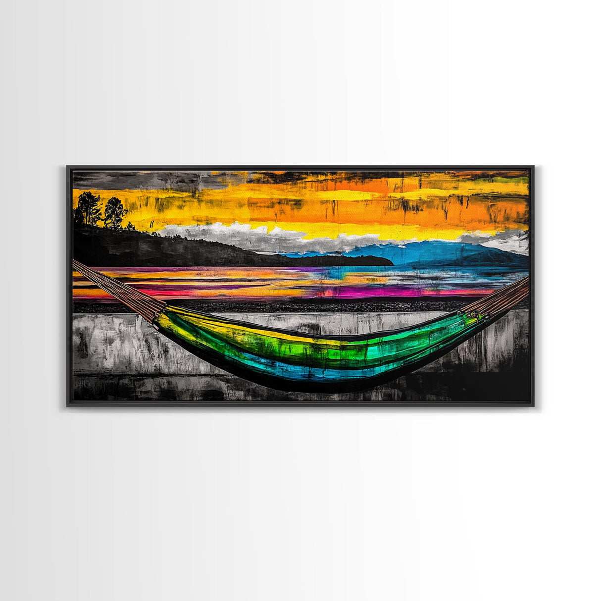 Hammock Sunset Relaxation Art, Framed Canvas Print, Colorful Beach Wall Art, Tropical Home Decor, Vibrant Living Room Art, Boho Art