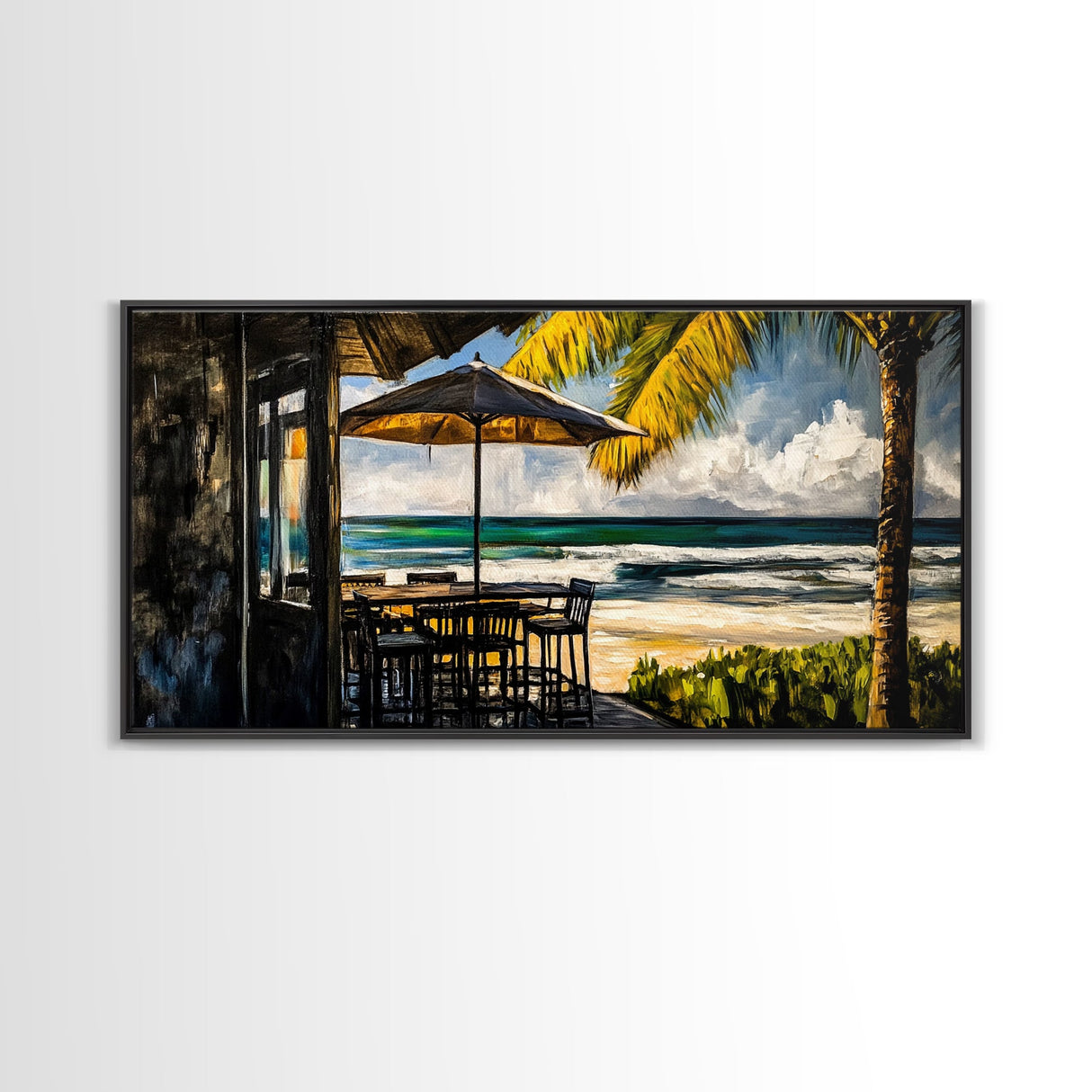 Oceanfront Cafe, Tropical Beach View, Nautical Home Art, Relaxing Coastal Decor, Boho Beach House, Seaside Paradise, Framed Canvas Print
