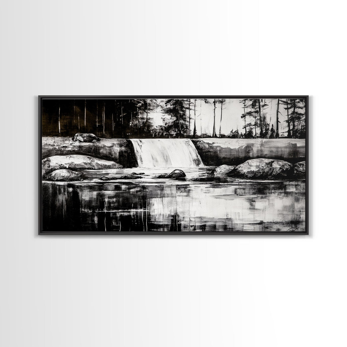 Waterfall Landscape, Black and White Nature Art, Forest Wall Decor, Rustic Art, Minimalist Landscape, Cabin Artwork, Framed Canvas Print