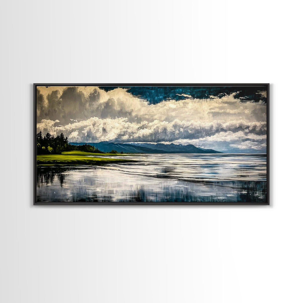 River Reflection, Scenic Water View, Serene Landscape, Framed Canvas Print, Large Nature Art, Modern Home Decor, Bedroom Wall Art